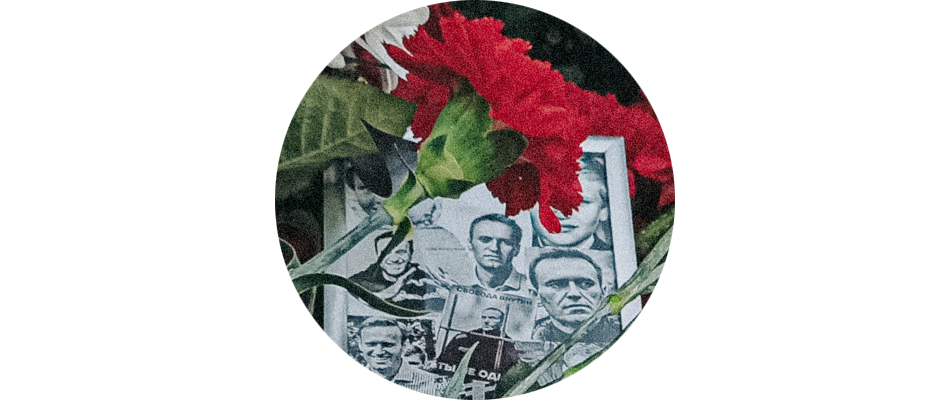 Красные гвоздики и коллаж из портретов Алексея Навального на его могиле