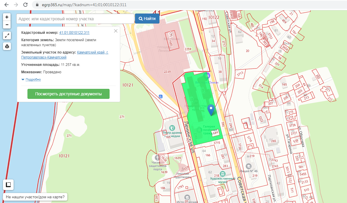 скриншот кадастровой карты, цветом выделен земельный участок Правительства Камчатского края, который значительно шире самих зданий 